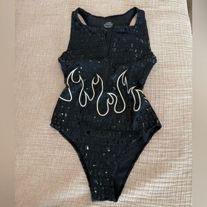 CXIX GeckoGrip Black Flame Bodysuit Leotard